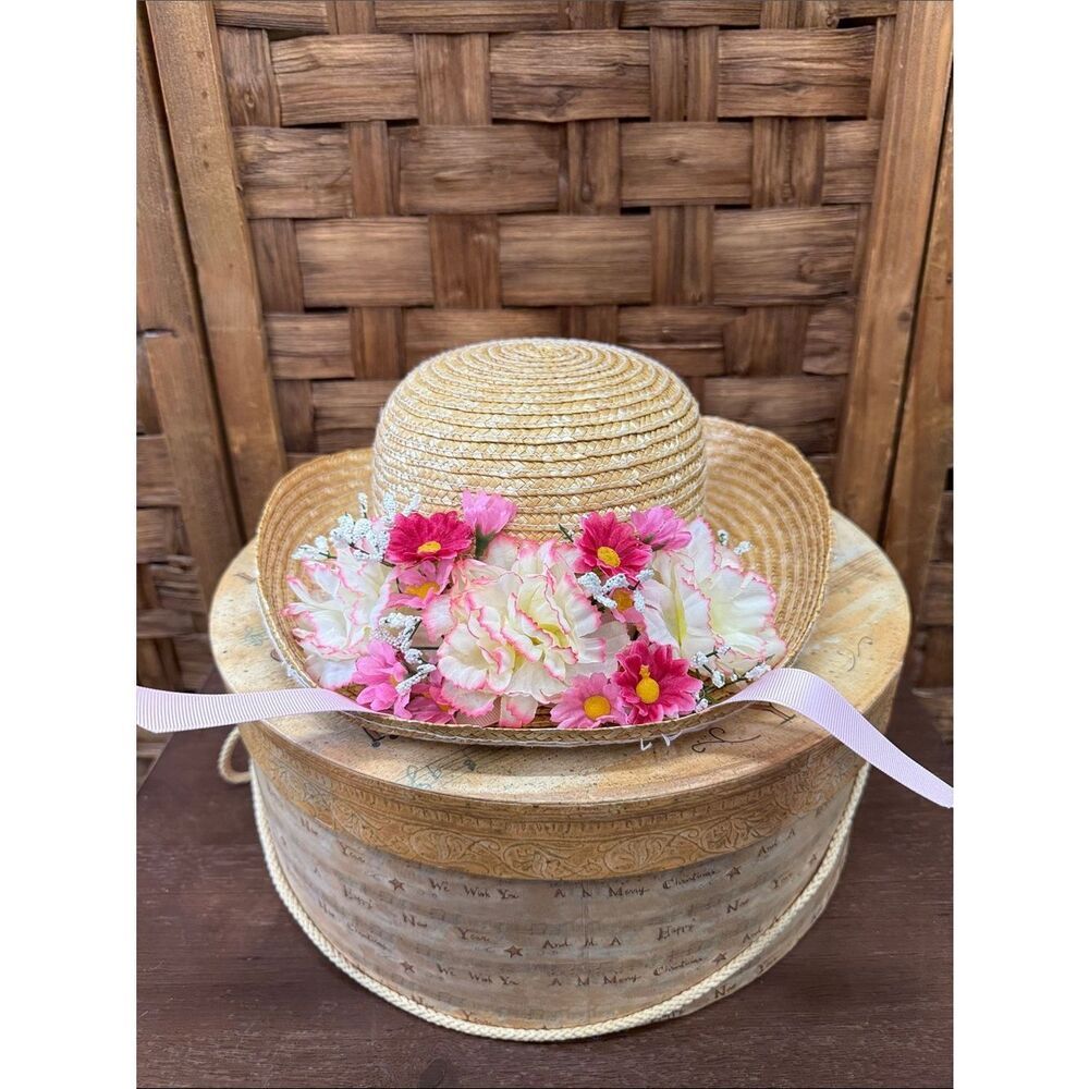 Straw Sun Hat with Pink & White Floral Trim